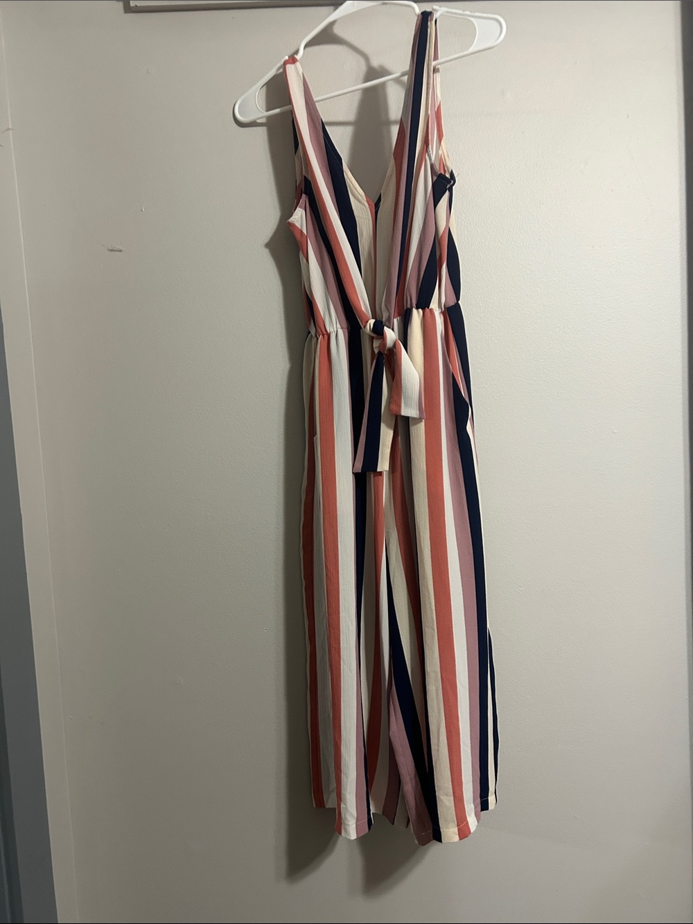 Unk Striped V-Neck Tie-Waist Wide-Leg Jumpsuit in Pink, Navy & Cream